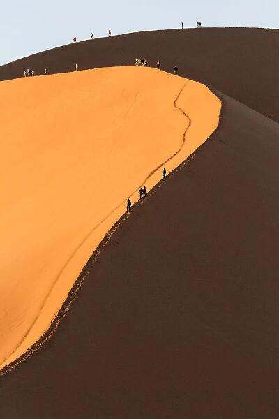Africa, Namib Desert. Hikers climbing the red sand dune in Namibia