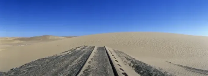 Framed Print : Africa, Namibia, Abandoned railroad tracks lead into sand dune in Forbidden Diamond