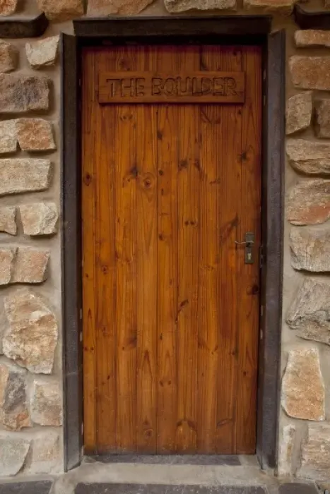 Framed Print : Africa, Namibia, Aus. Front door of Boulder chalet at the Klein Aus Vista. Credit as