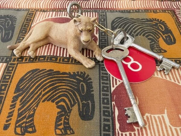 Africa, Namibia, Caprivi Strip. Close-up of room keys at Mahangu Lodge