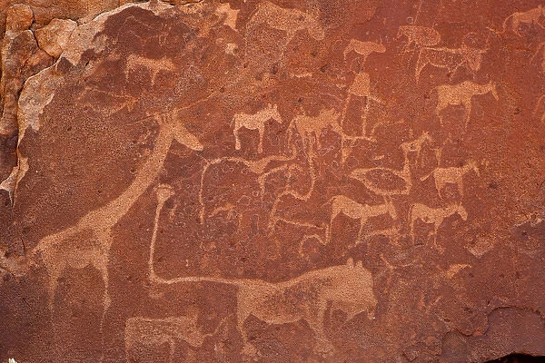 Africa, Namibia, Damaraland, Twyfelfontein. Close-up of rock engravings or petroglyphs