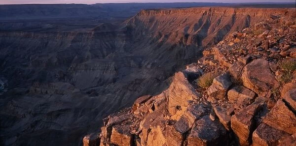 Africa, Namibia, Fish River Canyon National Park, Setting sun lights deep and winding