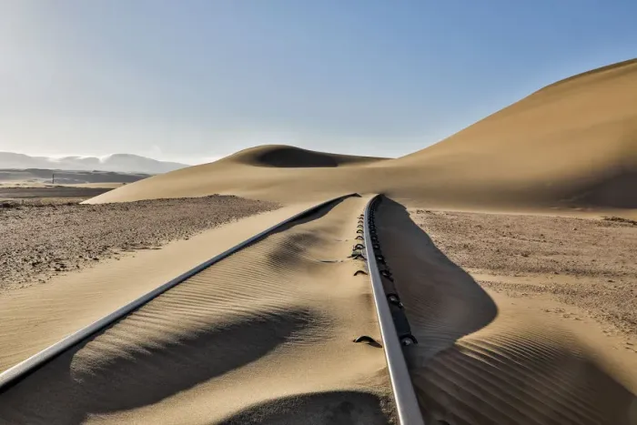 Framed Print : Africa, Namibia, Garub, Railroad Tracks and Drifted Sand Framed Print : Africa, Namibia, Garub, Railroad Tracks and Drifted Sand