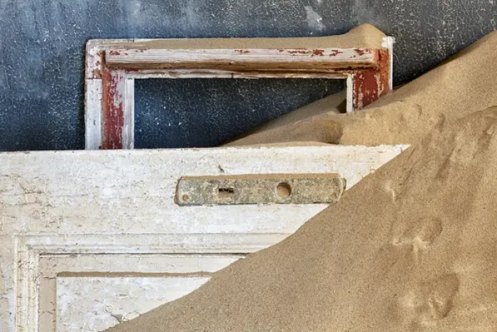 Framed Print : Africa, Namibia, Kolmanskop. Detail of door and window frame Framed Print : Africa, Namibia, Kolmanskop. Detail of door and window frame