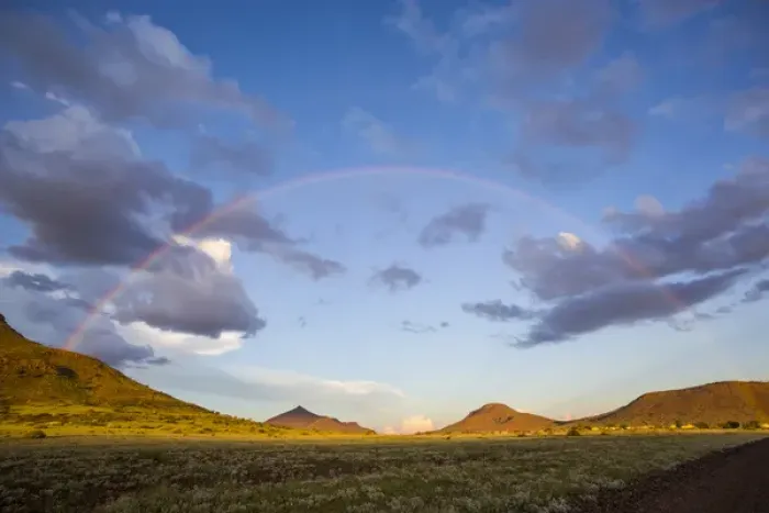 Framed Print : Africa, Namibia. Landscape with full rainbow