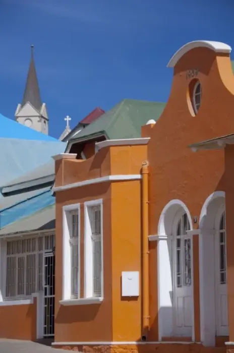 Framed Print : Africa, Namibia, Luderitz. Colorful German style houses along Berg Street, historic Framed Print : Africa, Namibia, Luderitz. Colorful German style houses along Berg Street, historic