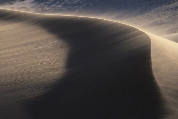 Africa, Namibia, Namib Nauklift National Park, Afternoon sun lights sand blowing