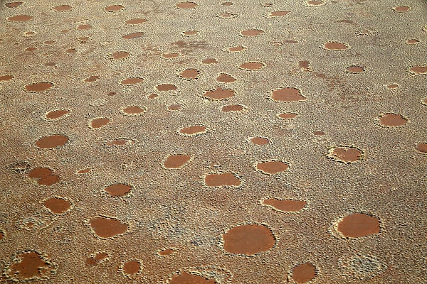 Africa, Namibia, Sossusvlei. Aerial view of fairy circles dotting the landscape of