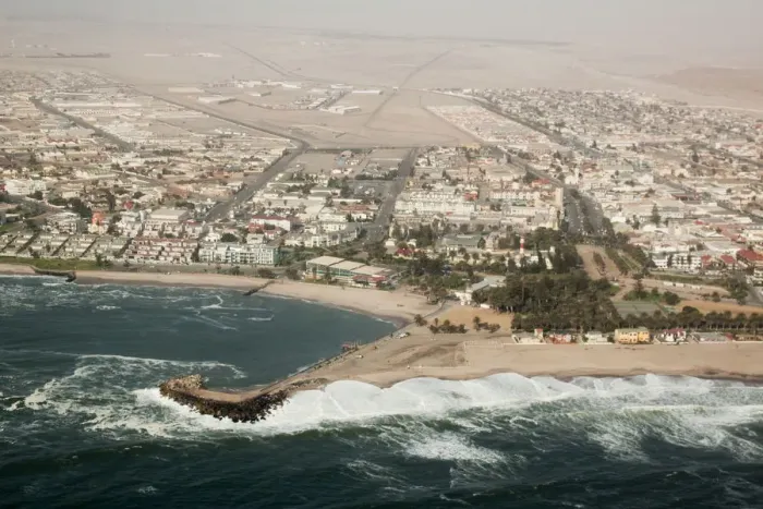 Framed Print : Africa, Namibia, Swakopmund. Aerial view of the city and bay Framed Print : Africa, Namibia, Swakopmund. Aerial view of the city and bay