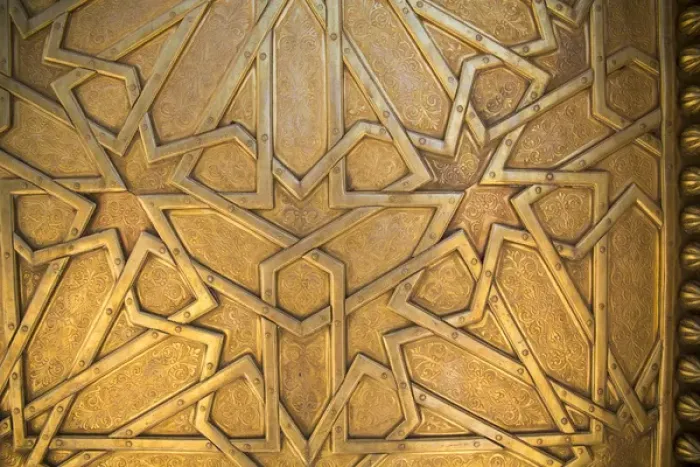 Framed Print : Africa, North Africa, Morocco, Fes, Fes medina, brass doors with symbols of sun, moon