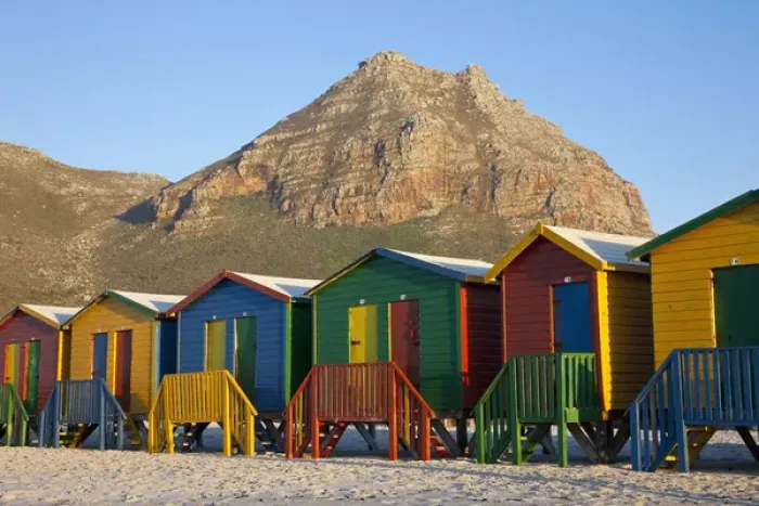 Framed Print : Africa, South Africa, Cape Town. Brightly coloured beach huts at Sunrise Beach, Muizenberg