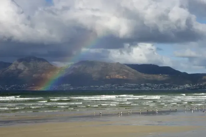 Framed Print : Africa, South Africa, Cape Town. Rainbow at Muizenberg Beach near Cape Town