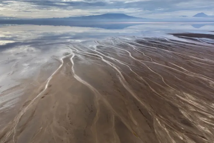 Framed Print : Africa, Tanzania, Aerial view of streams winding along shore of Lake Natron Framed Print : Africa, Tanzania, Aerial view of streams winding along shore of Lake Natron