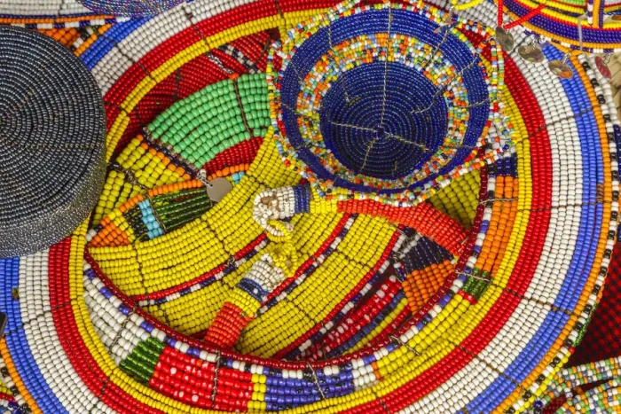Framed Print : Africa, Tanzania. Display of Msai bead crafts. Credit as