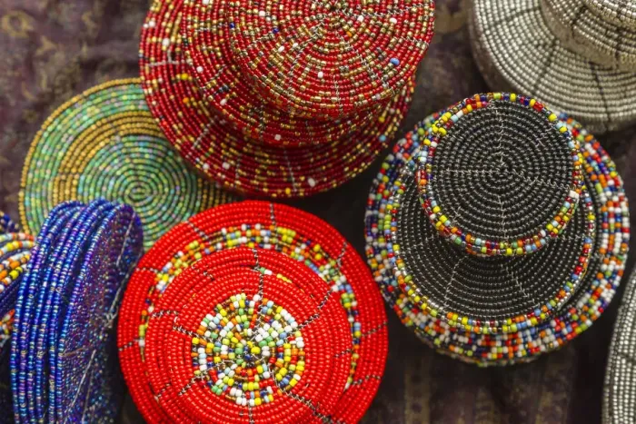 Framed Print : Africa, Tanzania. Display of Msai bead crafts. Credit as
