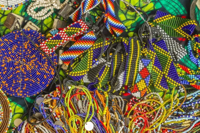 Framed Print : Africa, Tanzania. Display of Msai bead crafts. Credit as Framed Print : Africa, Tanzania. Display of Msai bead crafts. Credit as