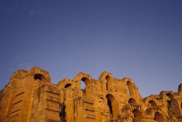 Africa, Tunisia, El Jem. Ruins of a Roman amphitheatre at sunset, built in 300 AD