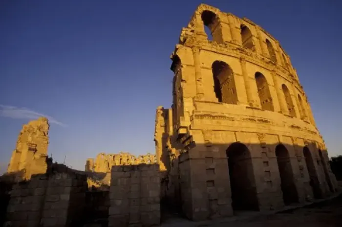 Framed Print : Africa, Tunisia, El Jem. Ruins of a Roman amphitheatre at sunset; built in 300 AD could seat 35