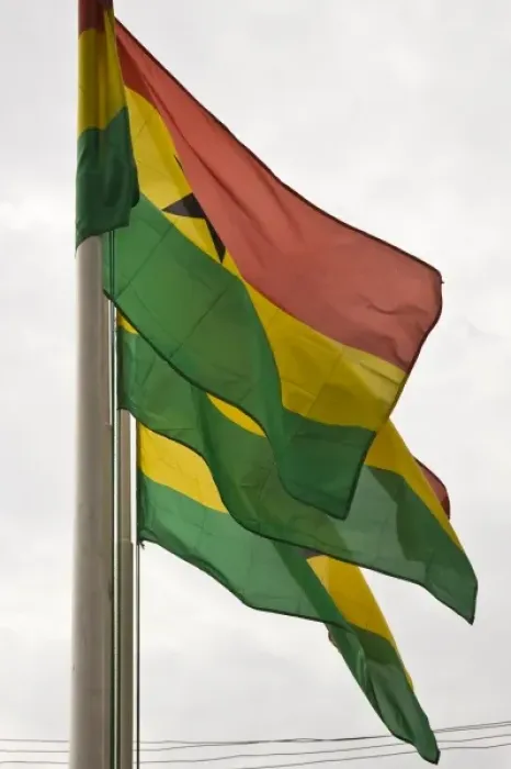Framed Print : Africa, West Africa, Ghana, Accra. Close-up of Ghanaian flags blowing in wind