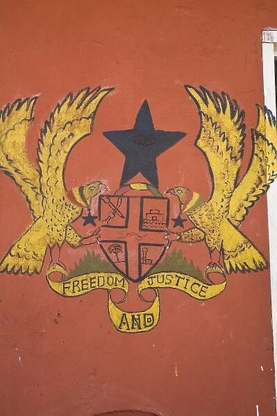 Africa, West Africa, Ghana, Bolgatanga. Ghana Coat of Arms painted on wall
