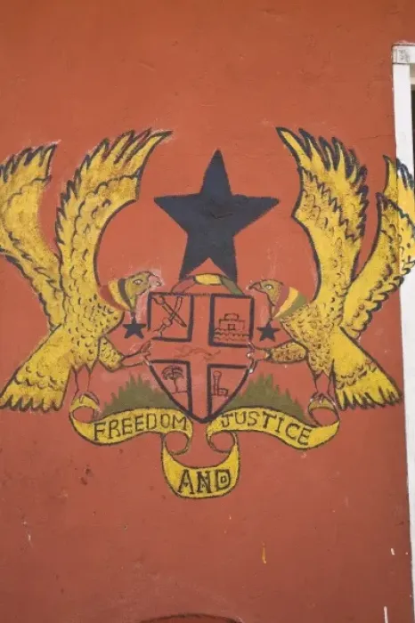 Framed Print : Africa, West Africa, Ghana, Bolgatanga. Ghana Coat of Arms painted on wall