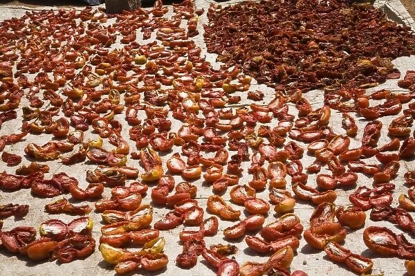 Africa, West Africa, Ghana, Tongo. Tomatoes drying in courtyard of traditional mud dwelling