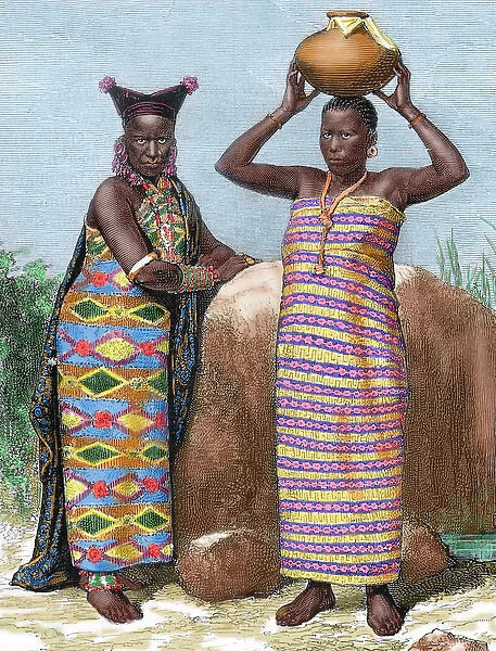 Africa. Women of Zanzibar. Engraved by Adrien Maris in 1882. Colored