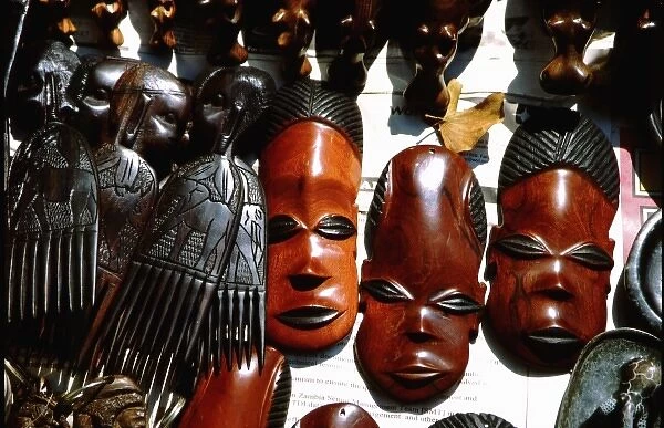 Africa, Zambia, Victoria Falls National Park. Local handicrafts sold at the Falls, masks