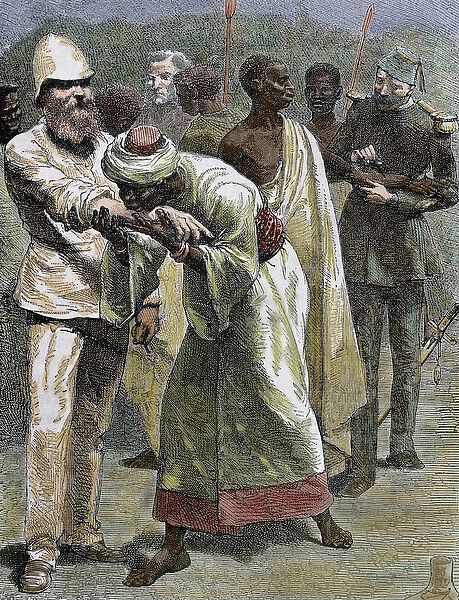 African native kissing the arm of an European settler. Colored engraving of 1887