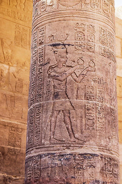 Agilkia Island, Aswan, Egypt. Carvings on a column at the Philae Temple, a UNESCO World Heritage Site