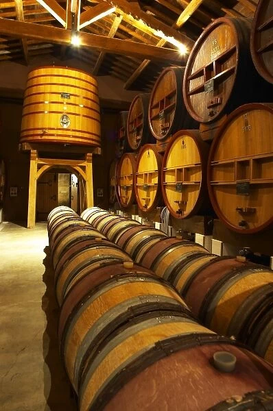 The aging cellar with oak barrels and larger wooden vats. Chateau de Beaucastel, Domaines Perrin
