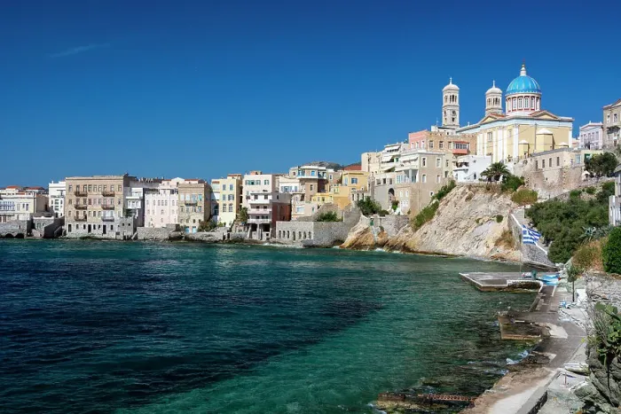 Framed Print : Agios Nikolaos Church, and houses long the shore in Ermoupoli, Siros Island, Cyclades Islands, Greece Framed Print : Agios Nikolaos Church, and houses long the shore in Ermoupoli, Siros Island, Cyclades Islands, Greece