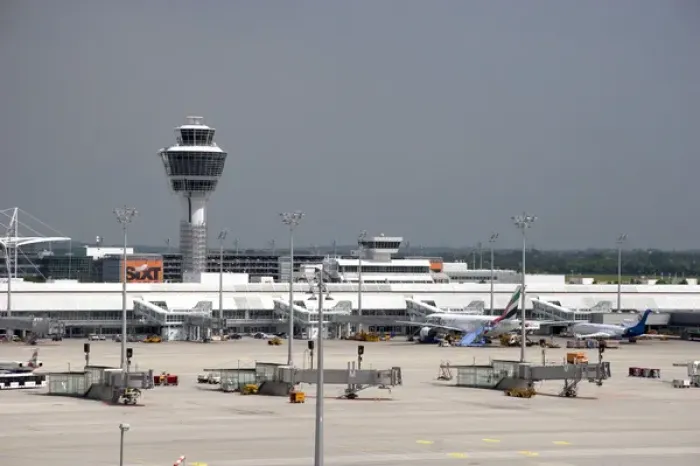 Framed Print : Air traffic control tower and terminal at the Munich airport, Germany