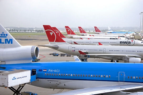Airplanes parked at Schiphol Airport in Amsterdam, Netherlands