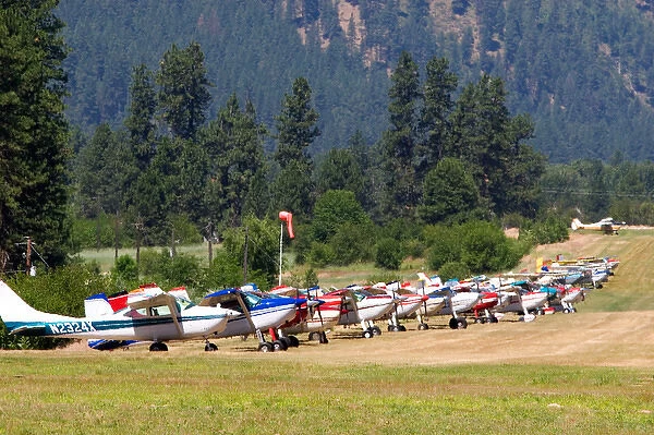 Airstrip with airplanes parked at Garden Valley in the Boise National Forest, Idaho