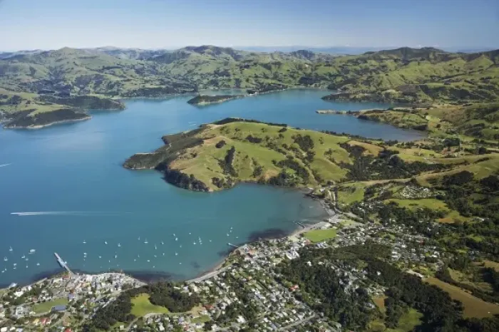 Framed Print : Akaroa, Akaroa Harbour, Banks Peninsula, Canterbury, South Island, New Zealand- aerial