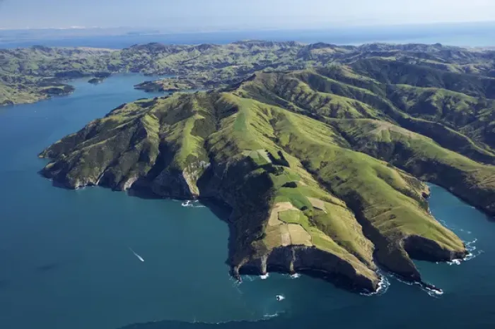 Framed Print : Akaroa Harbour (left) and Banks Peninsula, Canterbury, South Island, New Zealand- aerial