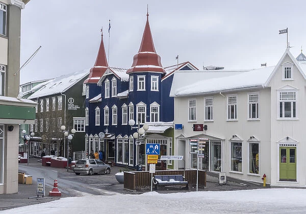 Akureyri during winter, Hafnarstraeti in the town center. The traffic calmed street is kept snow
