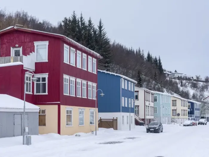 Framed Print : Akureyri during winter. Old town with traditional and historic buildings