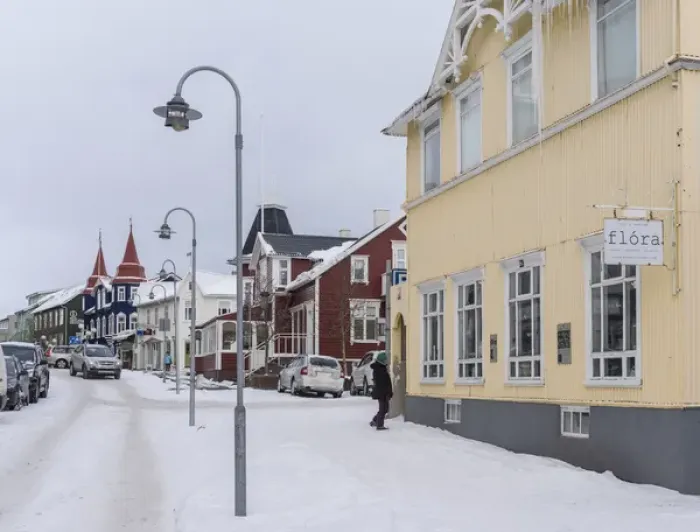 Framed Print : Akureyri during winter. Town center with typical historic buildings