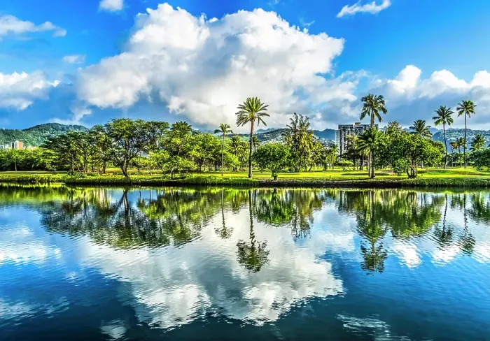 Framed Print : Ala Wai Canal reflection Waikiki, Honolulu, Oahu, Hawaii