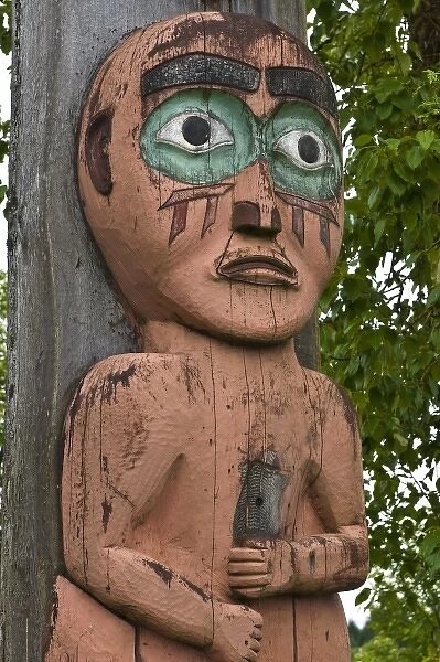 Alaska. Totem at Cheif Shakes Tribal House, historic site, Wrangell, Southeast Alaska