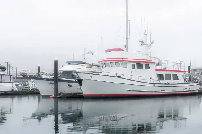 Framed Print : Alaska, Valdez. Two fishing boat in a foggy marina