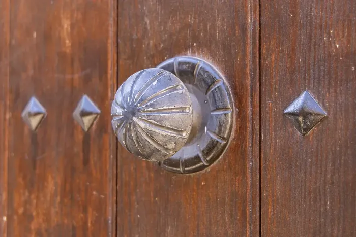 Framed Print : Albaicin, Province of Granada, Andalusia, Spain. Metal knob on an old wooden door