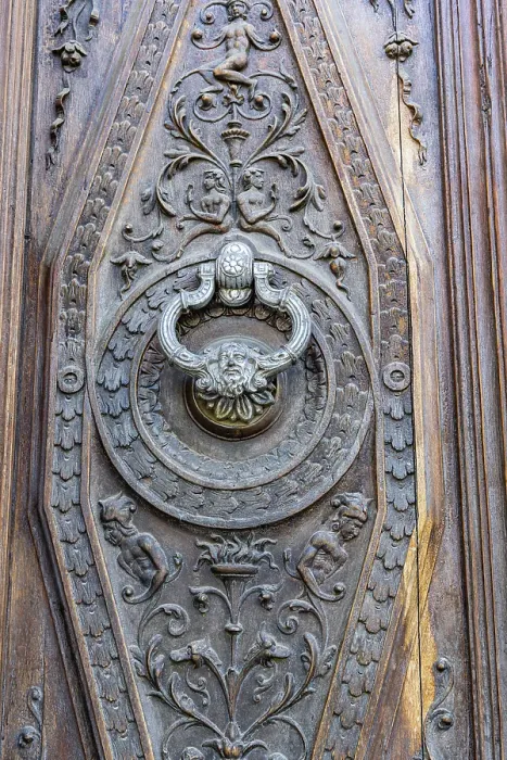 Framed Print : Albaicin, Province of Granada, Andalusia, Spain. Ornate metal knocker on a carved wooden door Framed Print : Albaicin, Province of Granada, Andalusia, Spain. Ornate metal knocker on a carved wooden door