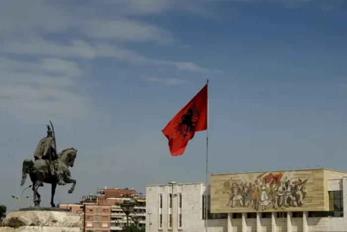 Framed Print : Albania, Tirana, Skanderbeg statue in Skanderbeg square