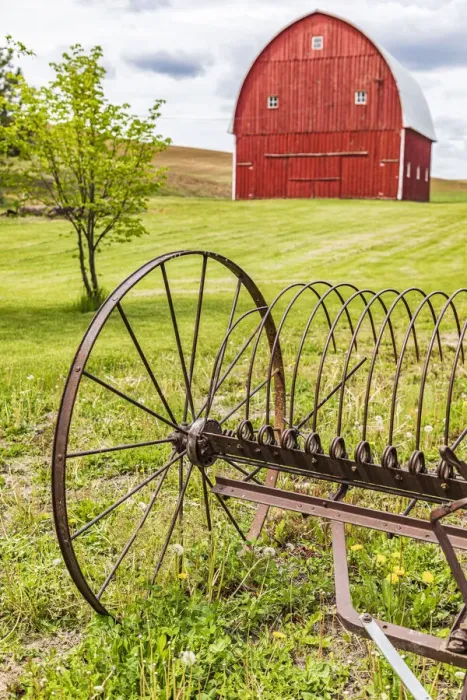 Framed Print : Albion, Washington State, USA. Red barns and antique farm equipment in the Palouse hills Framed Print : Albion, Washington State, USA. Red barns and antique farm equipment in the Palouse hills