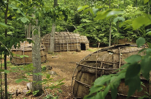 Algonquin Indian village traditionally was made of bark covered dwellings such as wigwams
