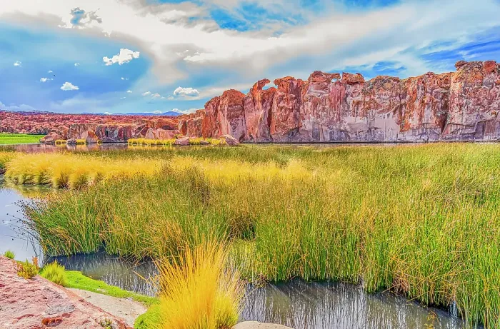 Framed Print : Altiplano, Bolivia, Landscape view of box canyon containing marshes and peatlands