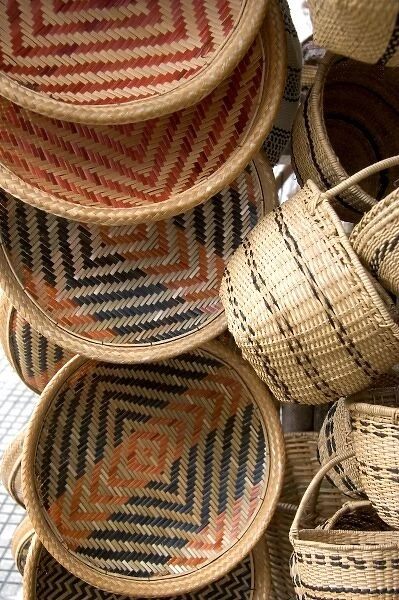 Amazon Indian made baskets being sold at an outdoor market in Manaus, Brazil
